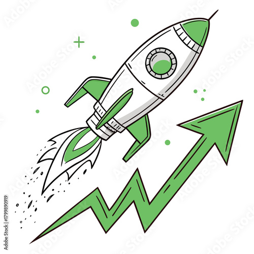 Cartoon rocket ship blasting off upwards on a green arrow graph representing growth and success