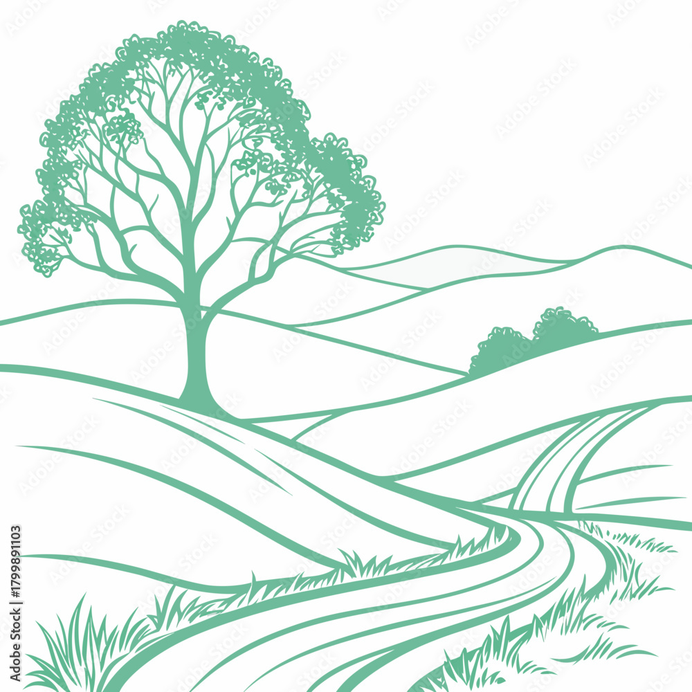 Obraz premium Stylized green line art landscape with a large tree and winding road through rolling hills