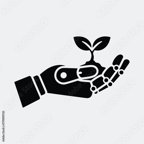 Silhouette robotic hand holds plant growing in soil vector illustration