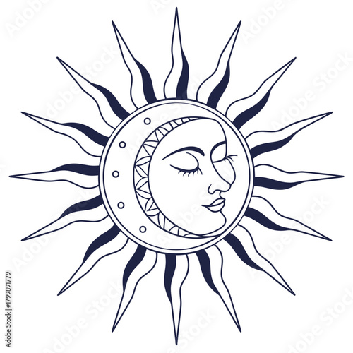 Stylized sun and moon face with rays and crescent moon