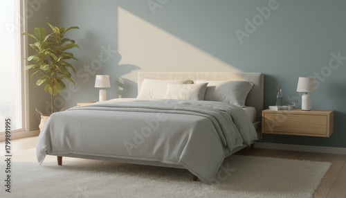 Modern bedroom with soft morning sunlight streaming in