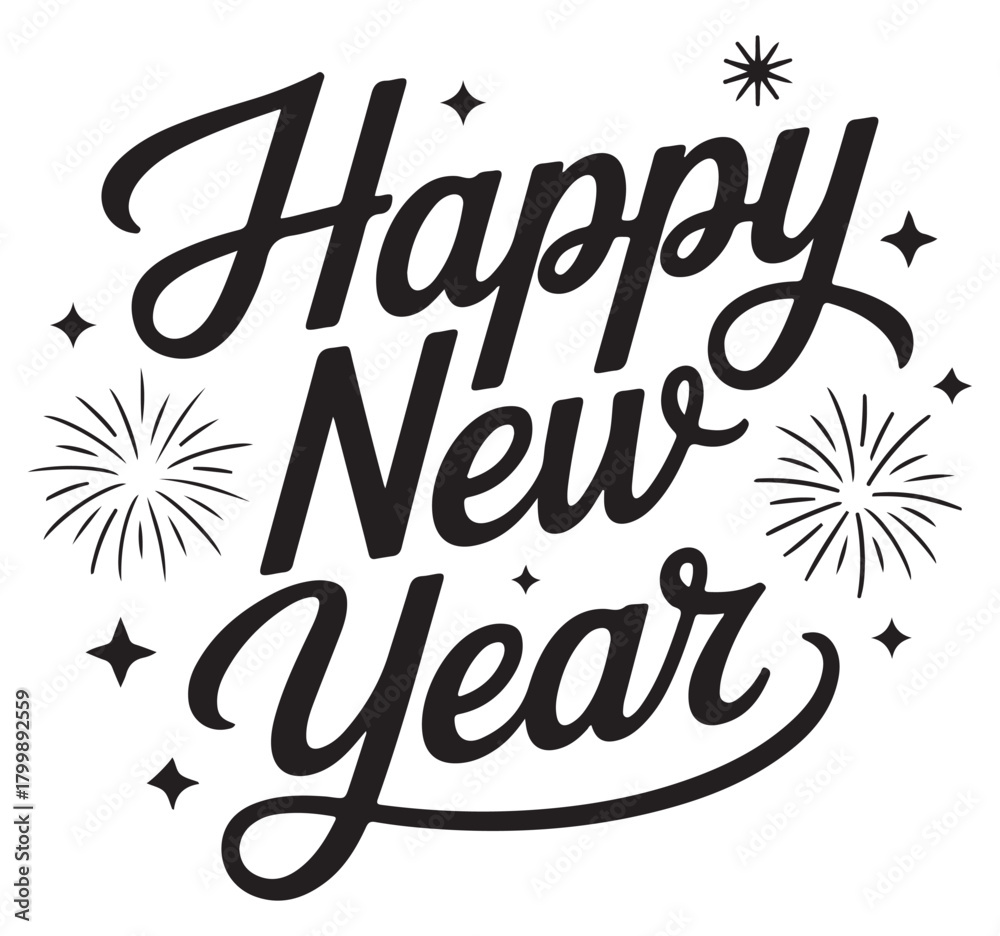 Obraz premium Happy New Year lettering vector calligraphy design with fireworks and stars isolated on white backgr