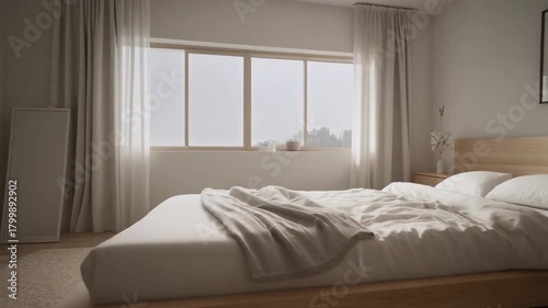Clean Nordic bedroom with low wooden bed frame