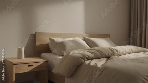 Minimalist bedroom with a cozy bed and wooden nightstand