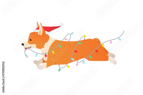 Cute Holiday Corgi Dog running off with Christmas lights. Mischievous pet holiday illustration for festive cards and seasonal designs. Humorous holiday scene in vector
