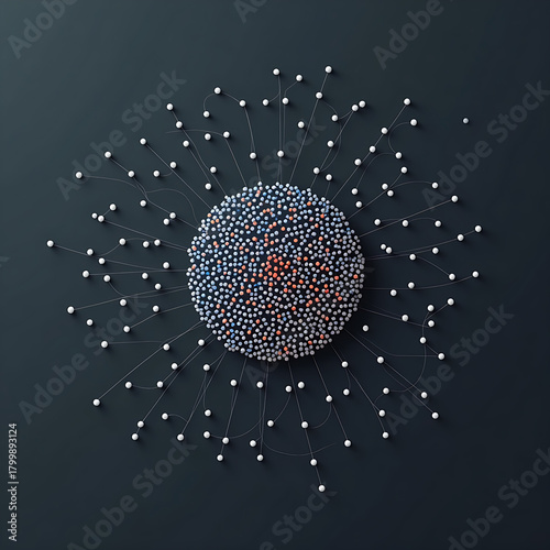 A circular network visualization with nodes and connections: white, blue, and red dots form a dense structure, flowing from the center to the edges. Suitable for themes such as Data, Technology, Graph