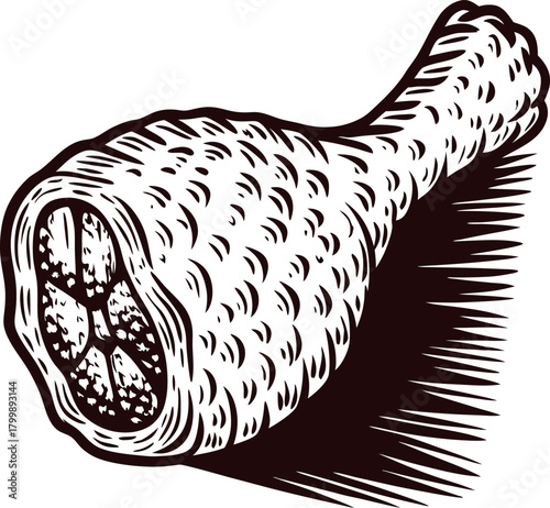 Vintage hand drawn ham illustration with textured details and woodcut shading in rustic black and white