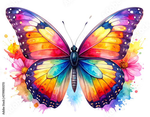 Watercolor Butterfly with Splash Art Wings and Soft Floral Accents, Front-Facing, Isolated PNG