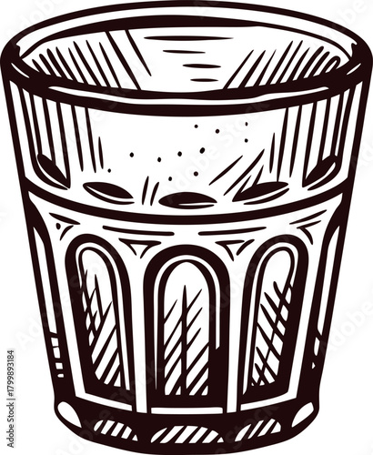 Hand drawn vintage glass tumbler illustration with textured details in engraved sketch