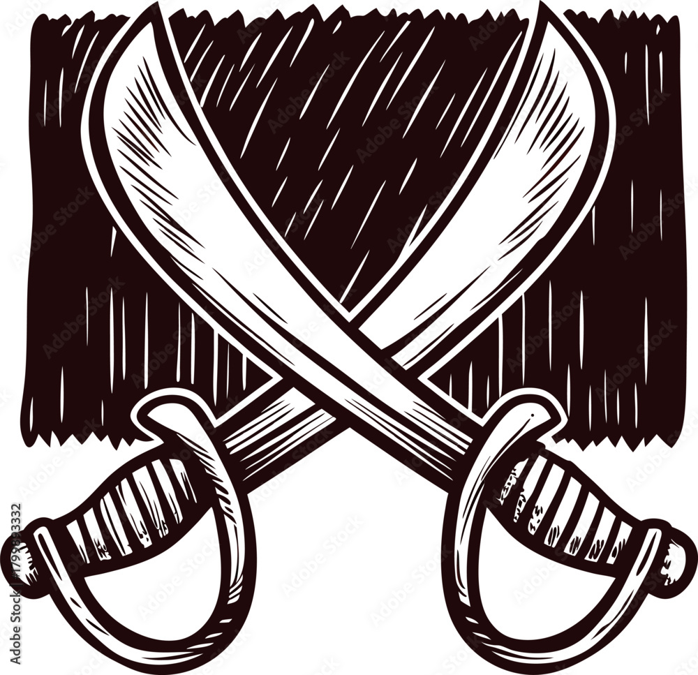 Obraz premium Hand drawn crossed pirate cutlasses isolated on white background vintage engraving illustration of swords