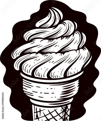 Hand drawn vintage ice cream cone with swirling soft serve illustration on white background