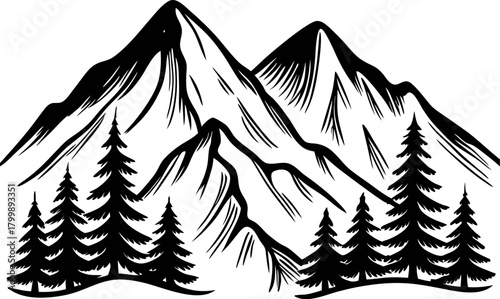 Hand drawn mountain landscape with tall pine trees in black and white line art illustration