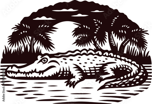Detailed hand drawn alligator resting in water with tropical trees and clouds in background isolated engraving