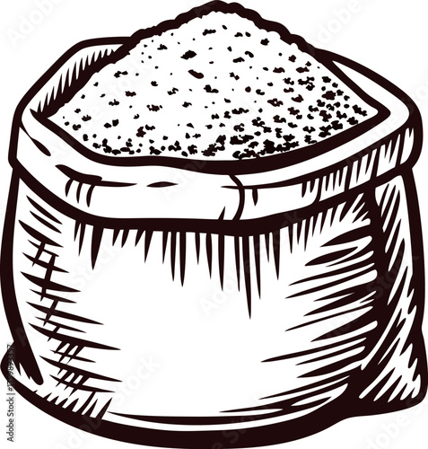 Hand drawn burlap sack filled with granular material vintage engraving of open bag with powdery contents isolated