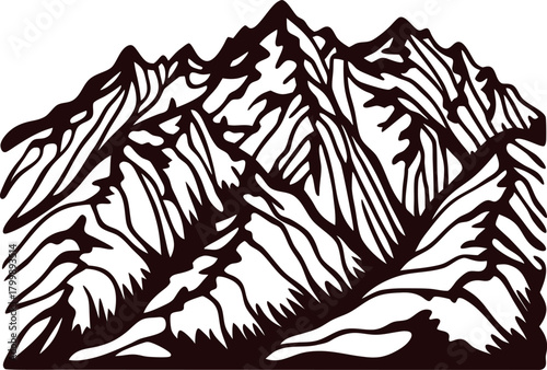 Hand drawn engraved mountain range with snowy peaks and rugged slopes in vintage black and white illustration