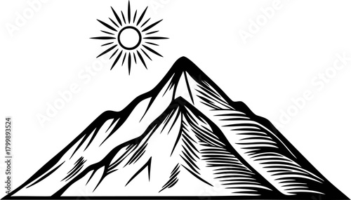 Sunrise over snow capped mountain peak hand drawn vintage illustration in black and white line art