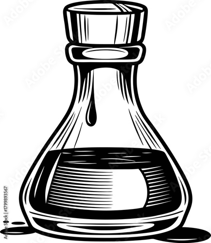Vintage engraved illustration of round laboratory flask with stopper and liquid hand drawn black and white chemistry art