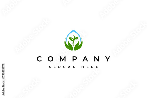 Natural water drop care logo with eco plants in suitable for environment, nature conservation and nature preservation