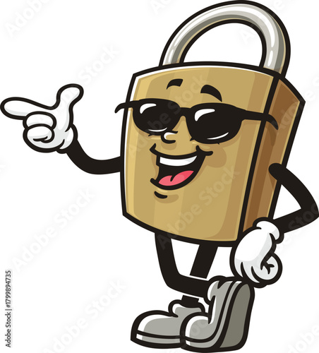 Cartoon padlock mascot wearing sunglasses