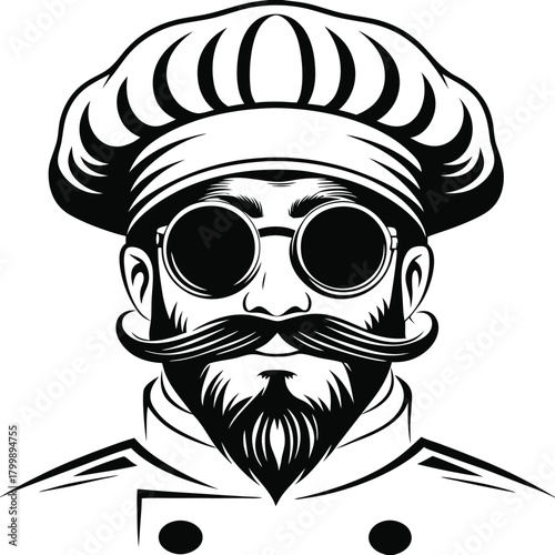 Monochrome chef head with bold mustache wearing glasses and a puffy hat