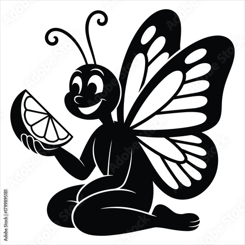 Joyful butterfly fairy character holding a fresh lemon slice icon isolated on white background, Vector