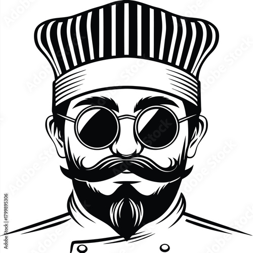 Stylized culinary chef portrait features a bushy mustache and round spectacles in monochrome line artwork