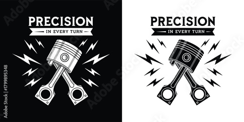 Precision engine piston emblem with lightning bolts, black and white design