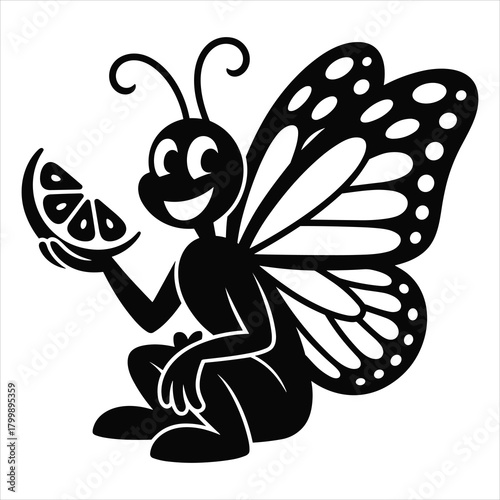 Cheerful cartoon butterfly character holding a fresh lemon slice isolated on white background, Vector