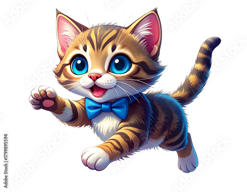 Cartoon Kitten in Dynamic Jumping Pose with Flowing Pink Bow Tie, Bright Cute Design, Isolated