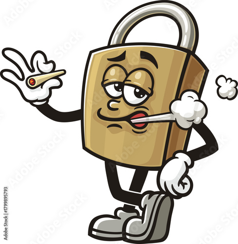 Cartoon mascot of a padlock is smoking