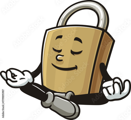 Cartoon padlock mascot is meditating or relaxing