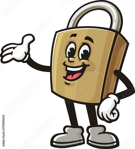Cartoon padlock mascot with welcoming pose