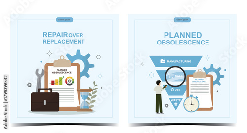 Card set Obsolescence Strategie. Cards displaying repair over replacement approach versus planned obsolescence methodology. Repairability concept ideal for business and industry. Vector illustration