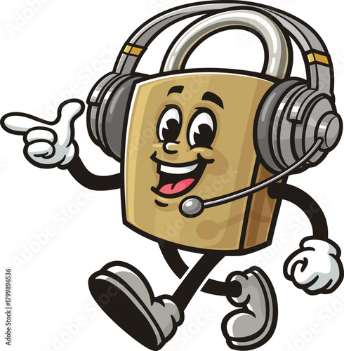 Cartoon padlock mascot wearing headset or headphone