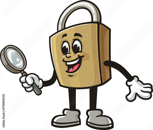 Cartoon mascot of a padlock holding a magnifying glass