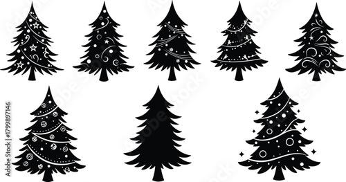 Stylized Christmas tree silhouette set, festive black vector icons with ornaments, stars, garlands for holiday decoration, seasonal design, and greeting cards