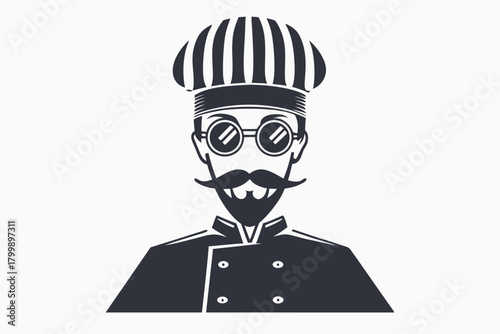 Whimsical chef with stylish glasses and a handlebar mustache wears a toque hat