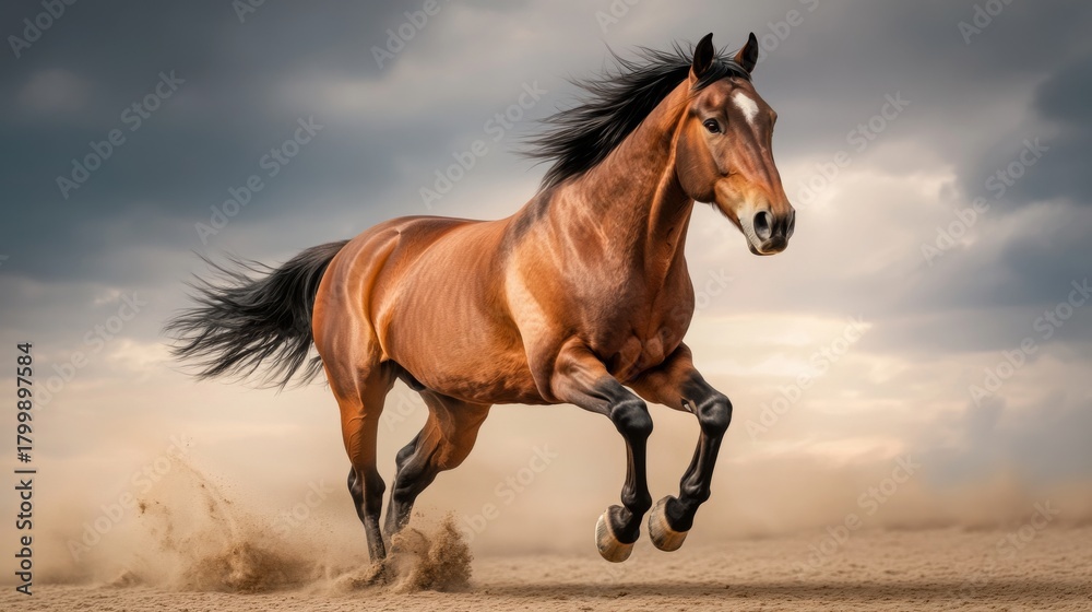 Obraz premium Majestic Brown Horse Galloping on Sand, Powerful Movement, Horse, Equestrian