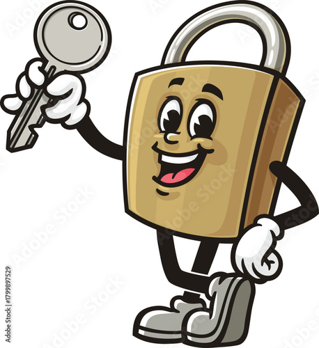 Cartoon mascot of a padlock holding a key