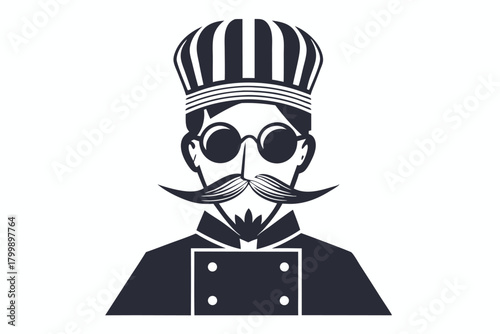 Striking chef icon presents monocromatic of an adult man wearing hat and glasses