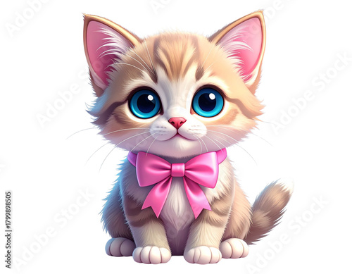 Cute Cartoon Kitten Sitting with Big Blue Eyes and Pink Bow Tie, Front View, Isolated PNG