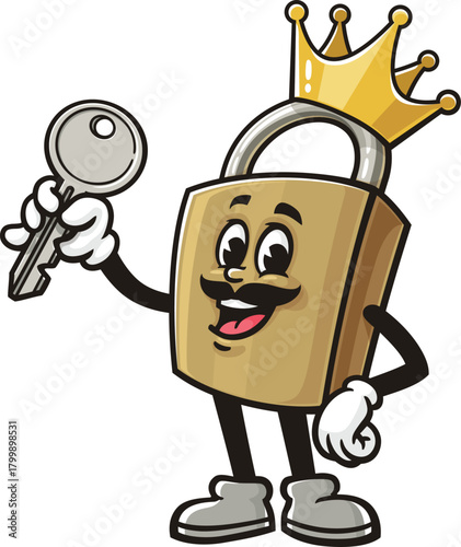 Cartoon mascot of the king of padlocks holding a key