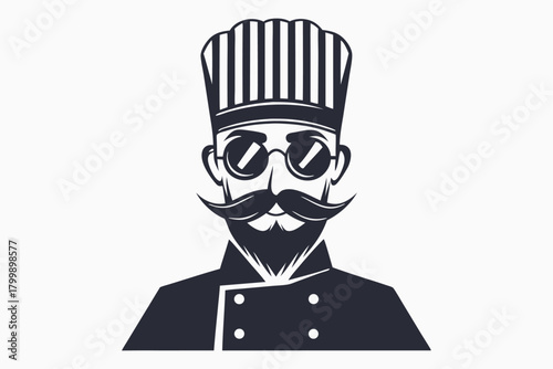 Stylish chef sports circular sunglasses and a meticulously groomed mustache with chef hat