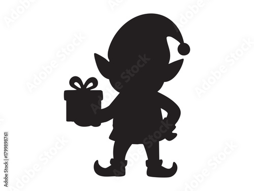 Black silhouette of christmas elf holding gift box, isolated on white background. concept of holiday spirit, santa's helper, festive decor, magic, icon, logo, design element