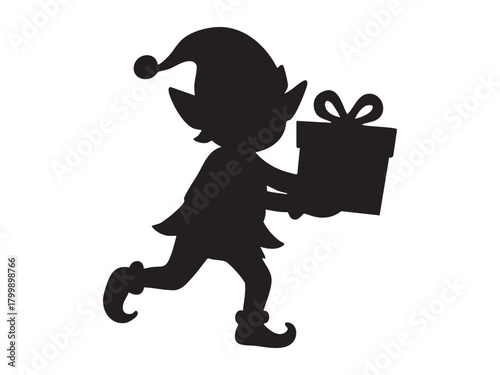 Black silhouette of christmas elf holding wrapped gift, isolated on white background. concept of holiday season, festive helper, winter celebration, santa's workshop, decoration, design element