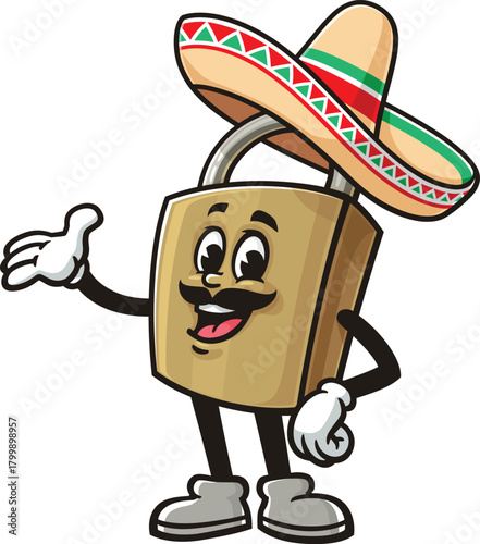 Cartoon mascot of a padlock wearing a sombrero