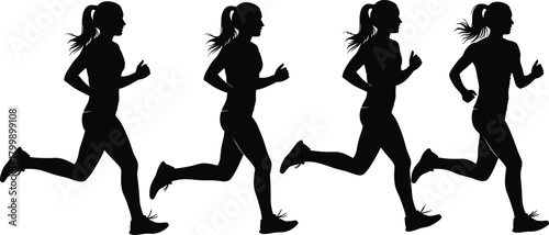 Female running silhouette vector illustration, athletic motion sequence, sports biomechanics graphic, jogging pose clipart, fitness activity design, ponytail runner art
