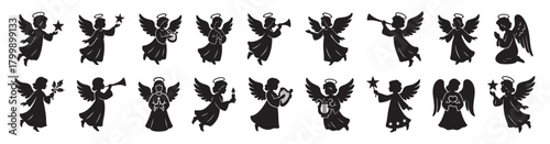 Black silhouettes of angels with musical instruments and stars, illustration. concept of christmas, new year, festive decor, holiday spirits, icon, design element
