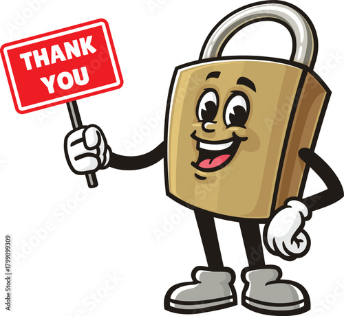Cartoon padlock mascot holding a thank you sign