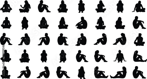 Sitting pose silhouette collection, diverse human postures, ergonomic sitting positions, vector people icons, black figure illustrations for design, animation, and reference